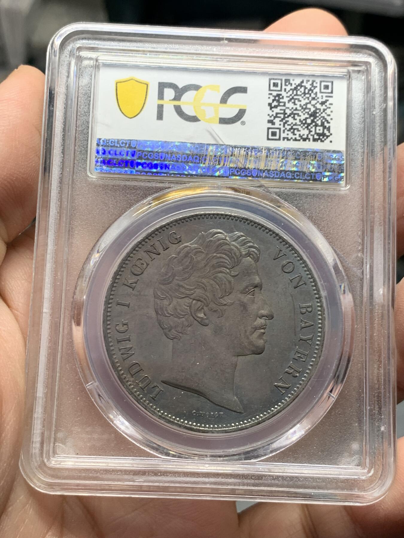 PCGS AU55 德国巴伐利亚1842年2泰勒银币 马克西米利安王储大婚 原味墨绿色环彩包浆 盒子背面牛毛纹裂 无伤大雅