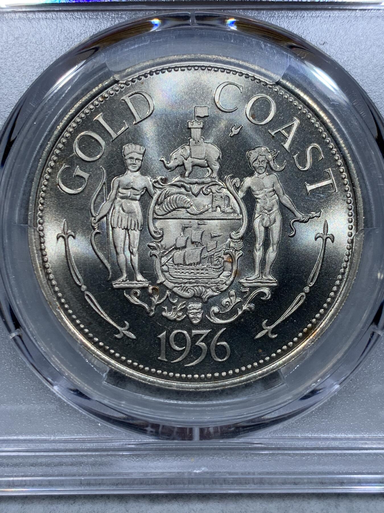 《竞宝斋》第334场 周日，周一 2场连拍 （全场包邮） PCGS MS67 亚军 1936年（币面标注） 英国爱德华八世 英属黄金海岸 克朗型戏铸币