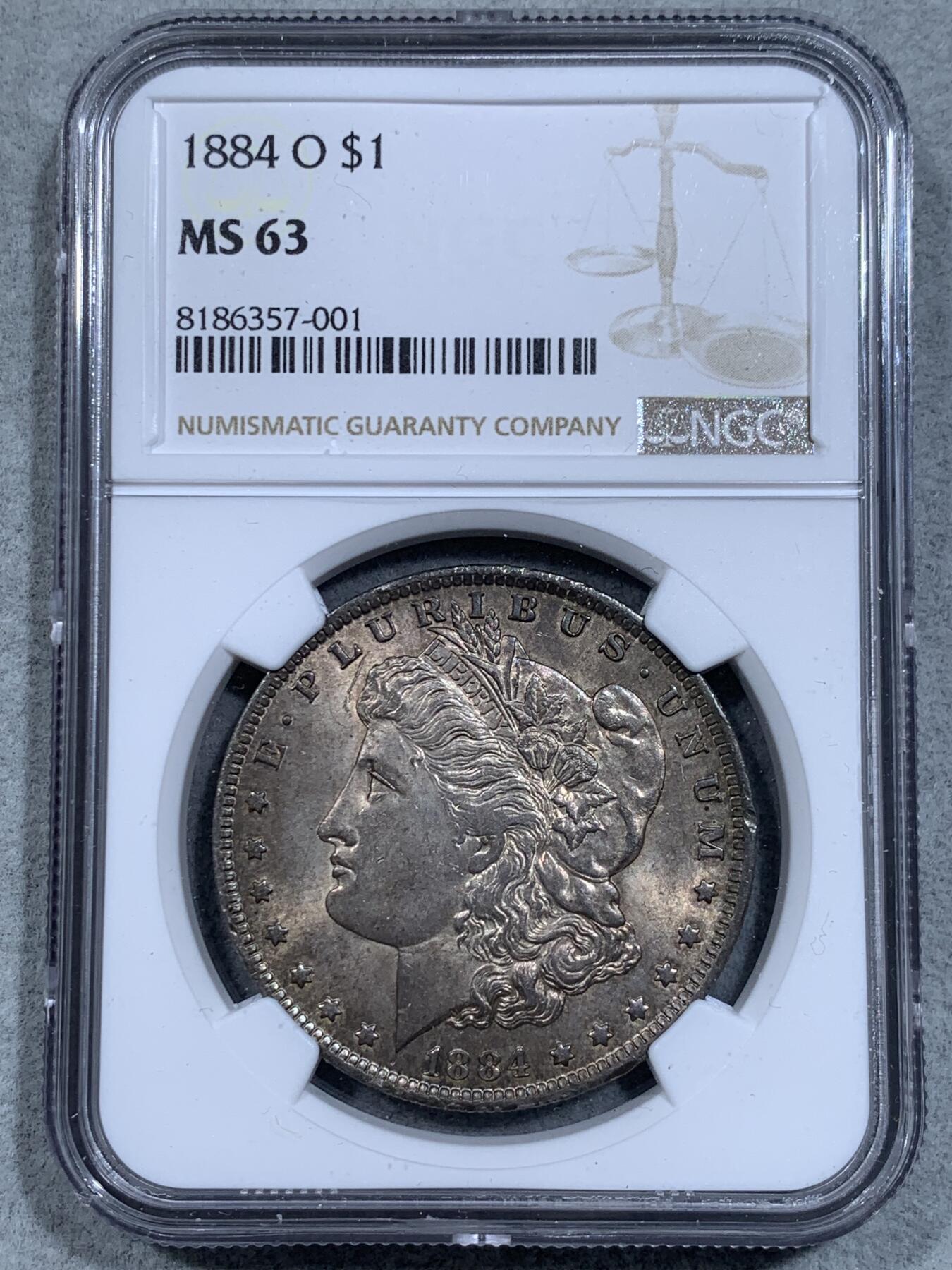 《竞宝斋》第334场 周日，周一 2场连拍 （全场包邮） NGC MS63 美国1884年O版摩根1美圆银币