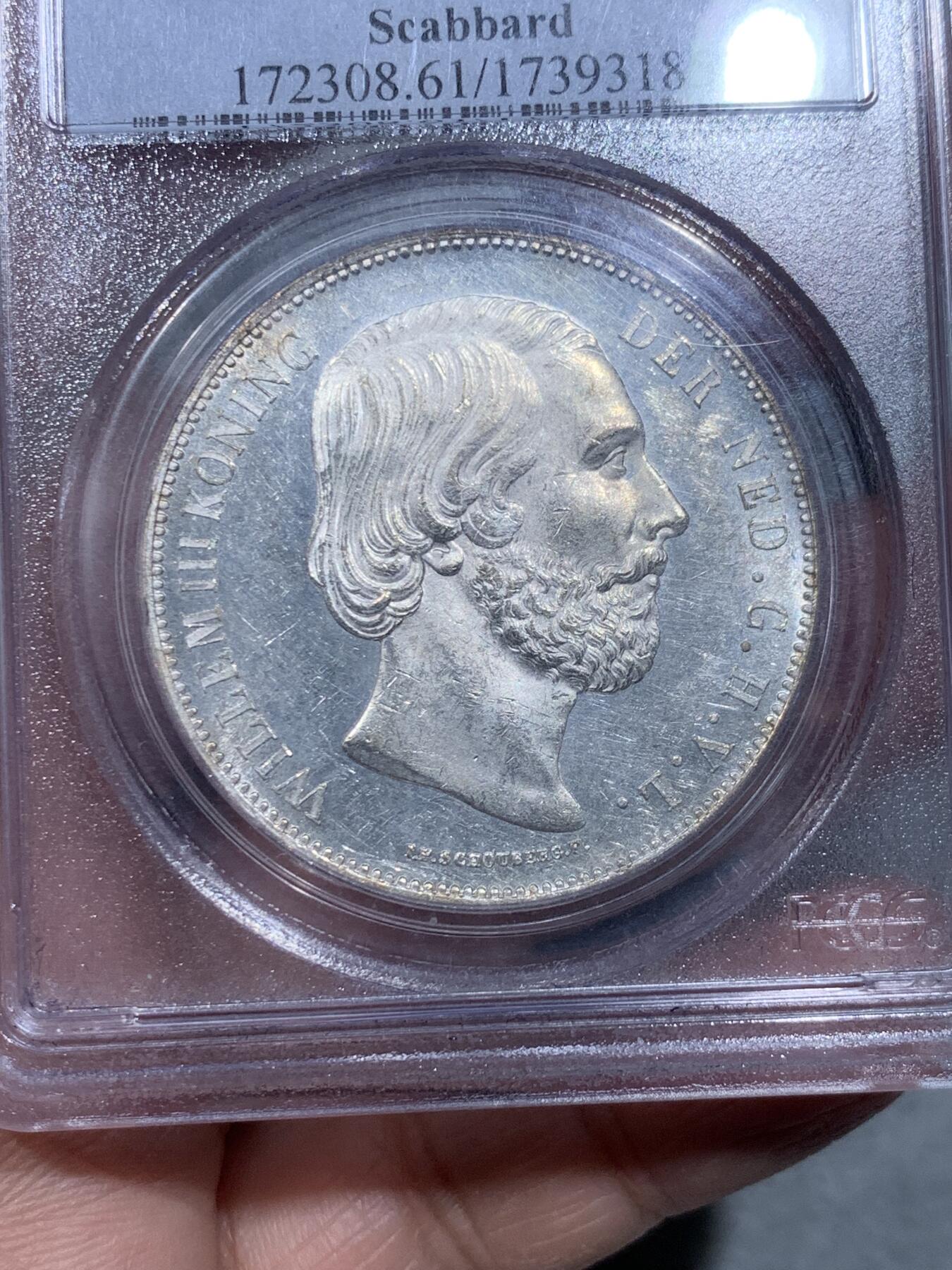 《竞宝斋》第334场 周日，周一 2场连拍 （全场包邮） PCGS MS61 荷兰1874年威廉三世2.5盾银币 MS极少见