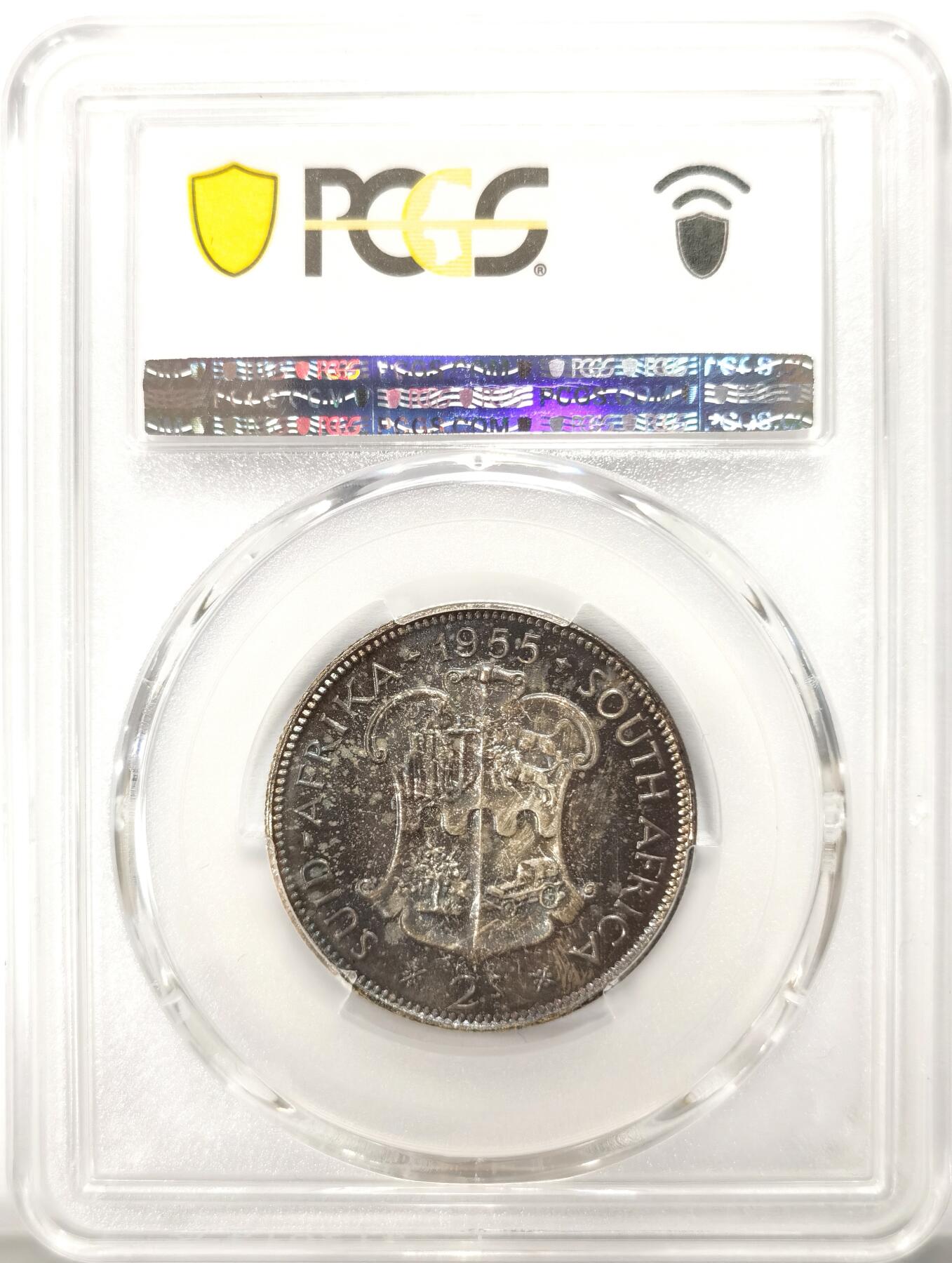 博洋堂世界钱币拍卖第102期（全场包邮） PCGS PR66 英属南非1955年伊丽莎白二世2先令银币 绒布黑彩 包浆极美 盾徽 高分