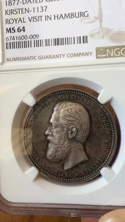 NGC评级MS64唯一冠军分德国腓特烈 1877年 普鲁士王国弗里德里希精制镜面深浮雕 面值一泰勒银币完全未使用品