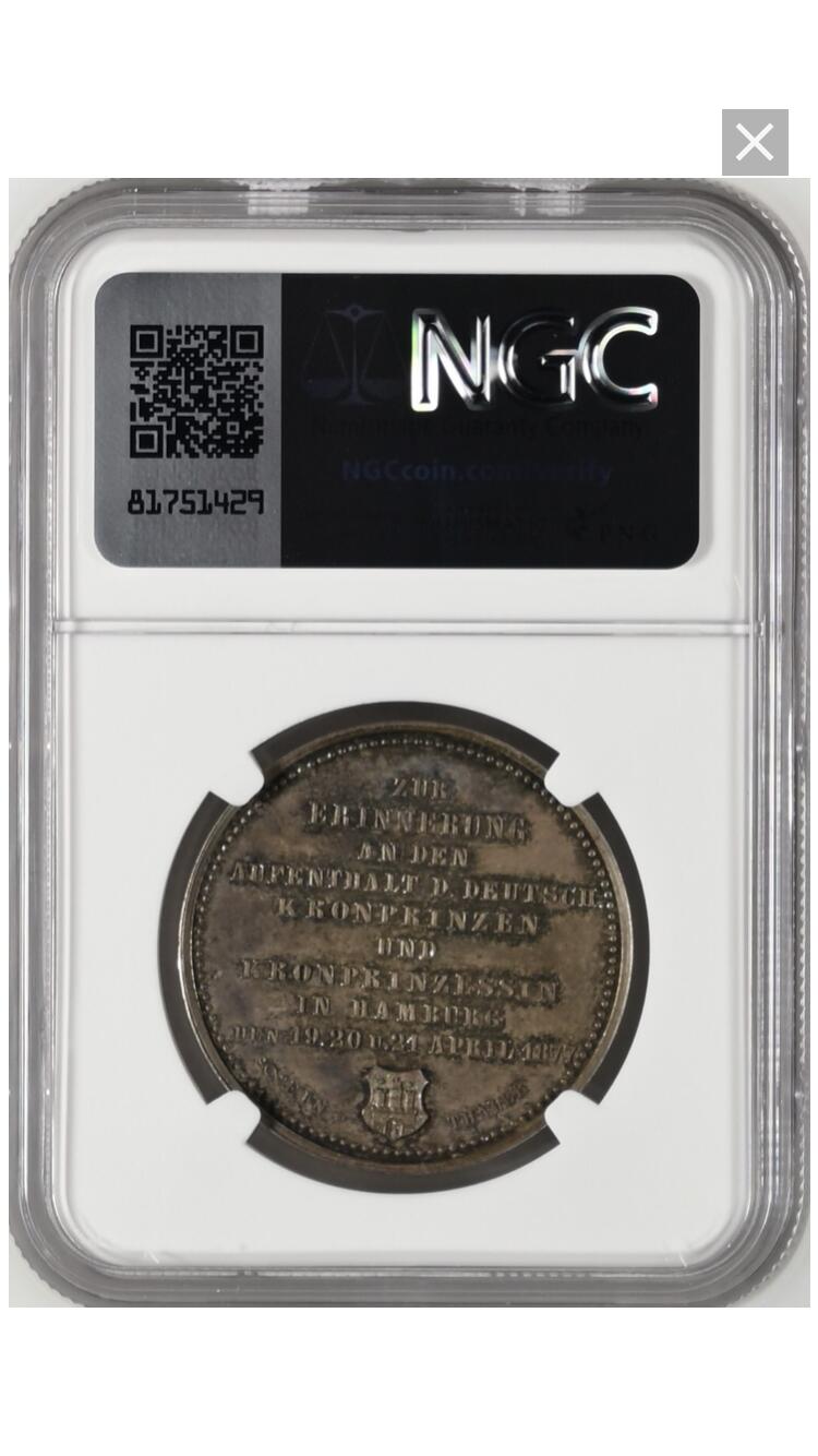 NGC评级MS64唯一冠军分德国腓特烈 1877年 普鲁士王国弗里德里希精制镜面深浮雕 面值一泰勒银币完全未使用品