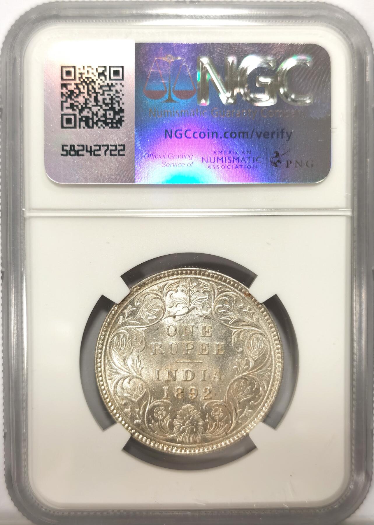 博洋堂世界钱币拍卖第102期（全场包邮） NGC MS62 印度早期卢比1892C一卢比 车轮光 银光一流