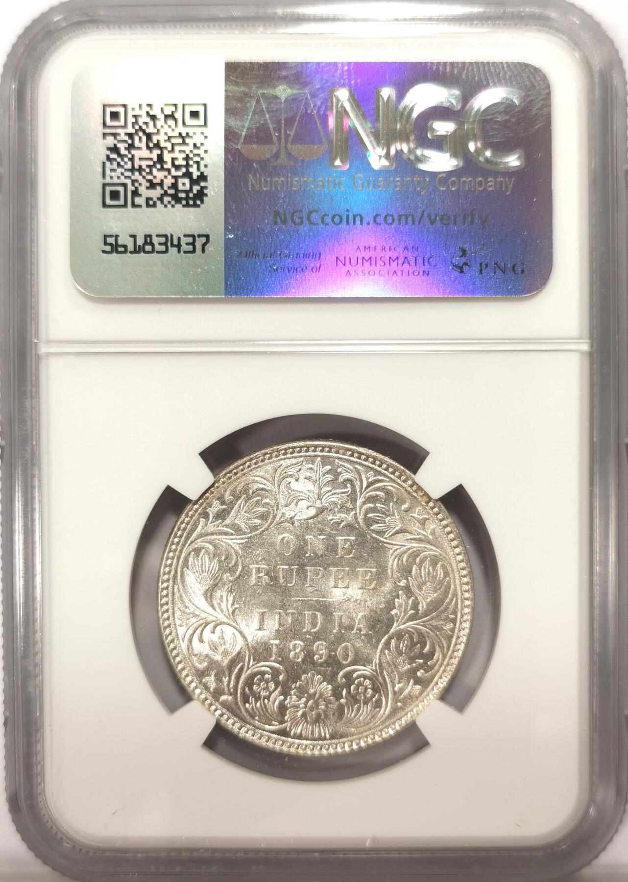 博洋堂世界钱币拍卖第102期（全场包邮） NGC MS62 印度早期卢比1890B一卢比 车轮光 银光一流
