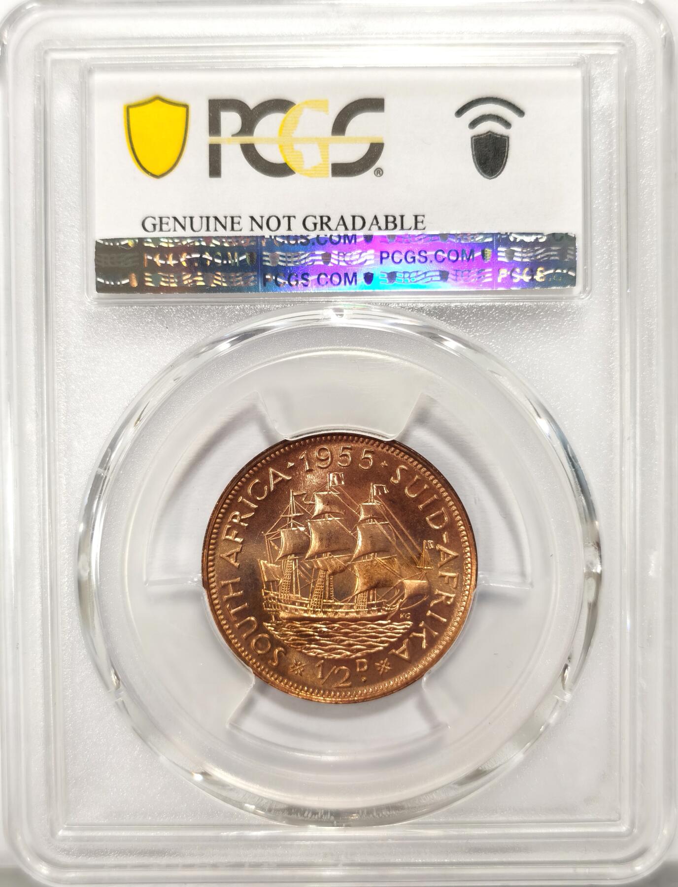 博洋堂世界钱币拍卖第102期（全场包邮） PCGS UNC 英属南非1955年伊丽莎白二世1/2便士令铜币 原铜光好品 帆船