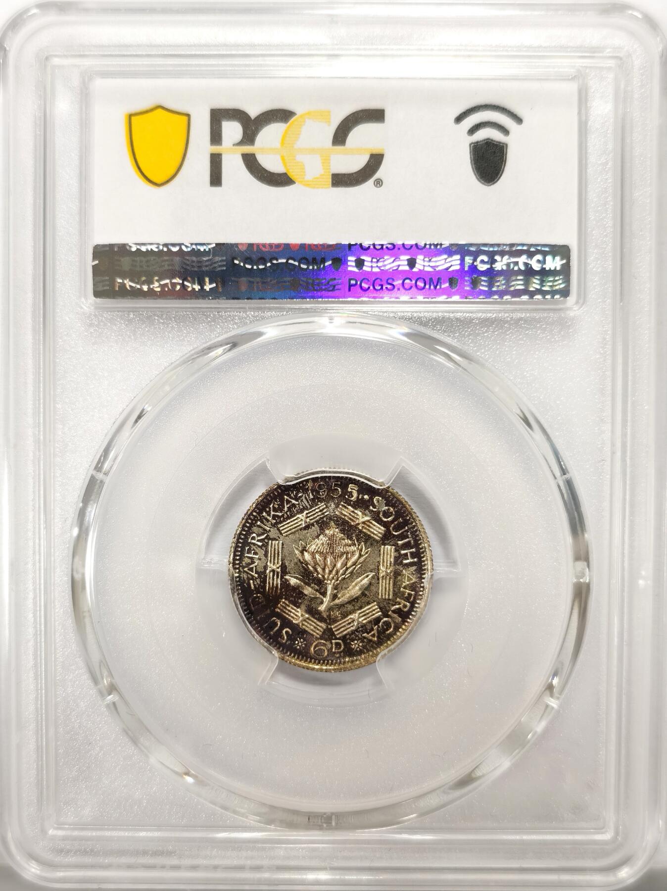 博洋堂世界钱币拍卖第102期（全场包邮） PCGS PR67 英属南非1955年伊丽莎白二世6便士令银币 绒布五彩 包浆极美 帝王花 极高分