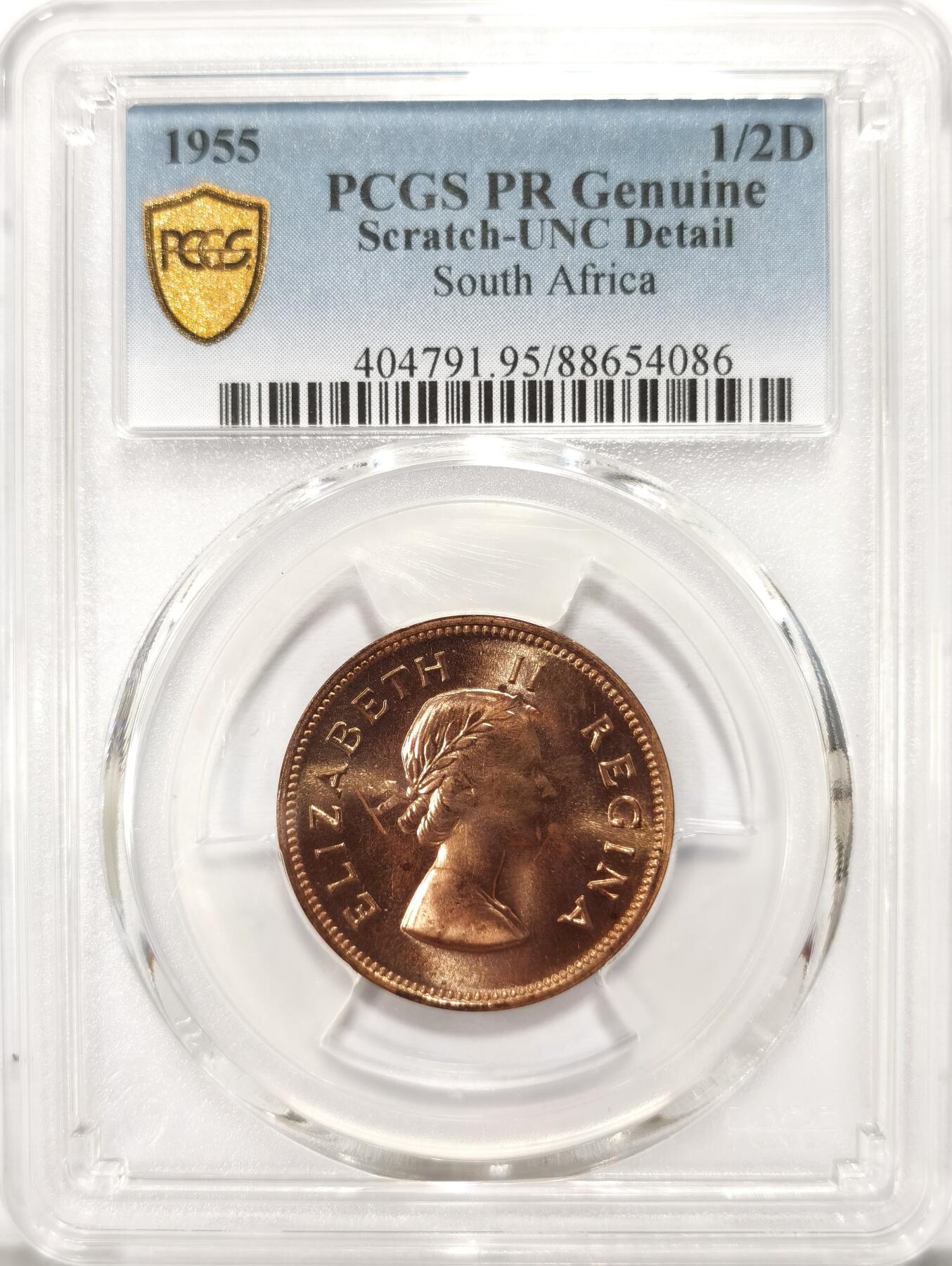 博洋堂世界钱币拍卖第102期（全场包邮） PCGS UNC 英属南非1955年伊丽莎白二世1/2便士令铜币 原铜光好品 帆船