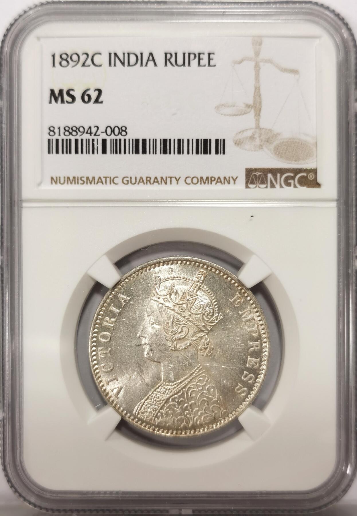 博洋堂世界钱币拍卖第102期（全场包邮） NGC MS62 印度早期卢比1892C一卢比 车轮光 银光一流