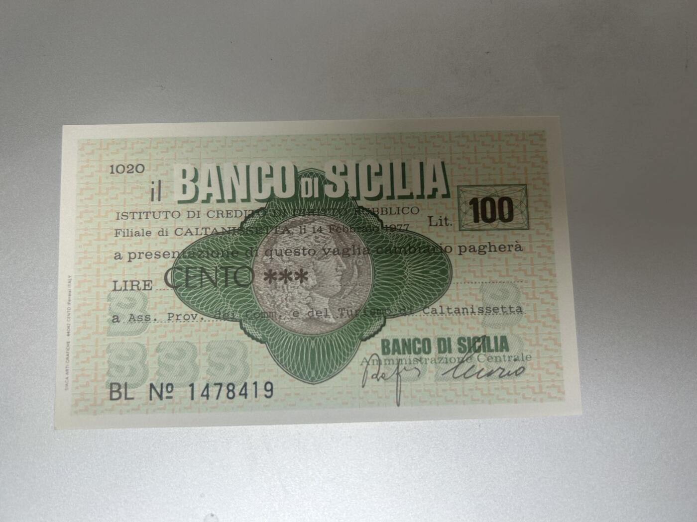 收藏联盟Quantum Auction 第397期拍卖 @征集拍品 长期供货可享分佣福利 1977年意大利（西西里岛）1000里拉 紧急货币 全新UNC