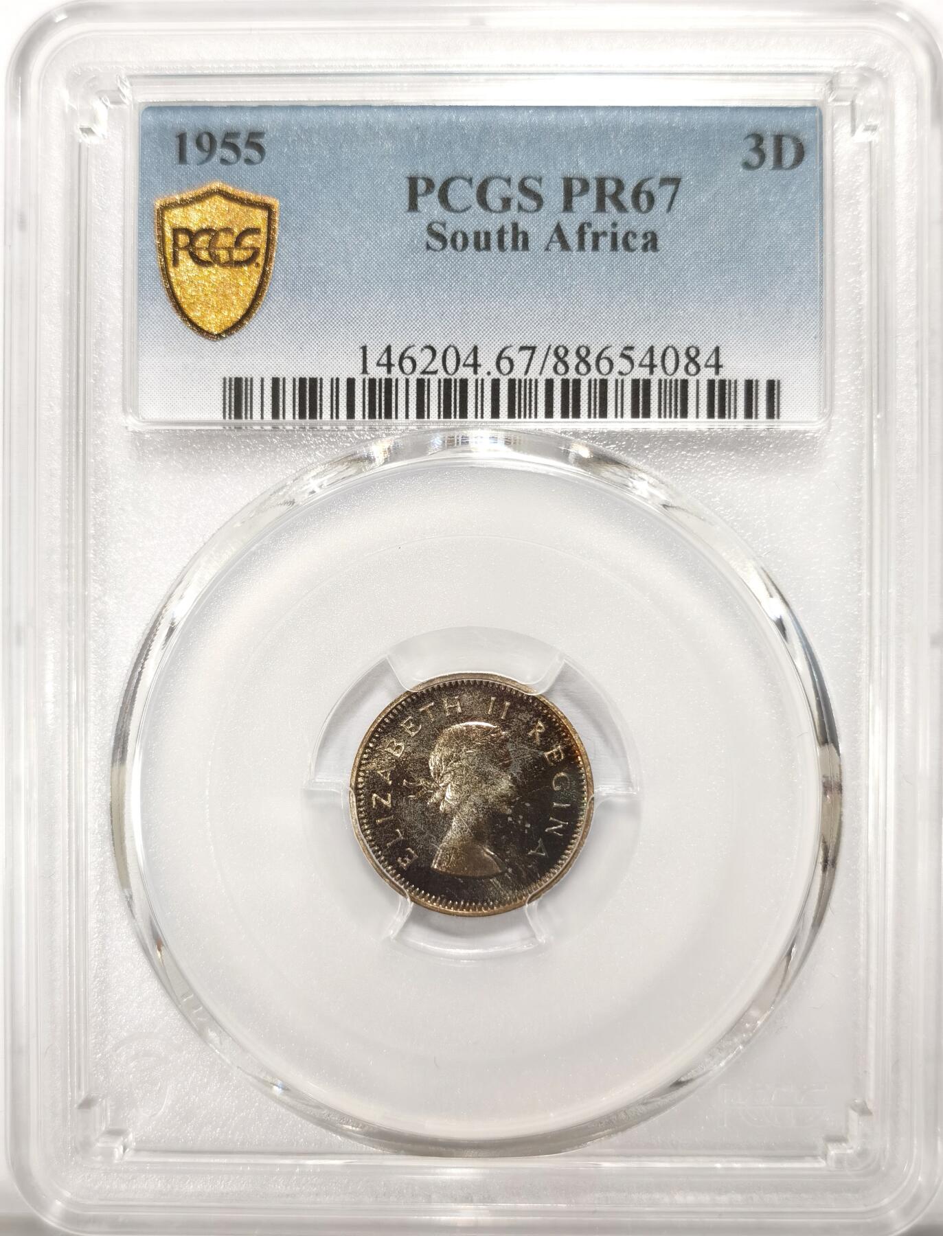 博洋堂世界钱币拍卖第102期（全场包邮） PCGS PR67 英属南非1955年伊丽莎白二世3便士令银币 绒布五彩 包浆极美 帝王花 极高分