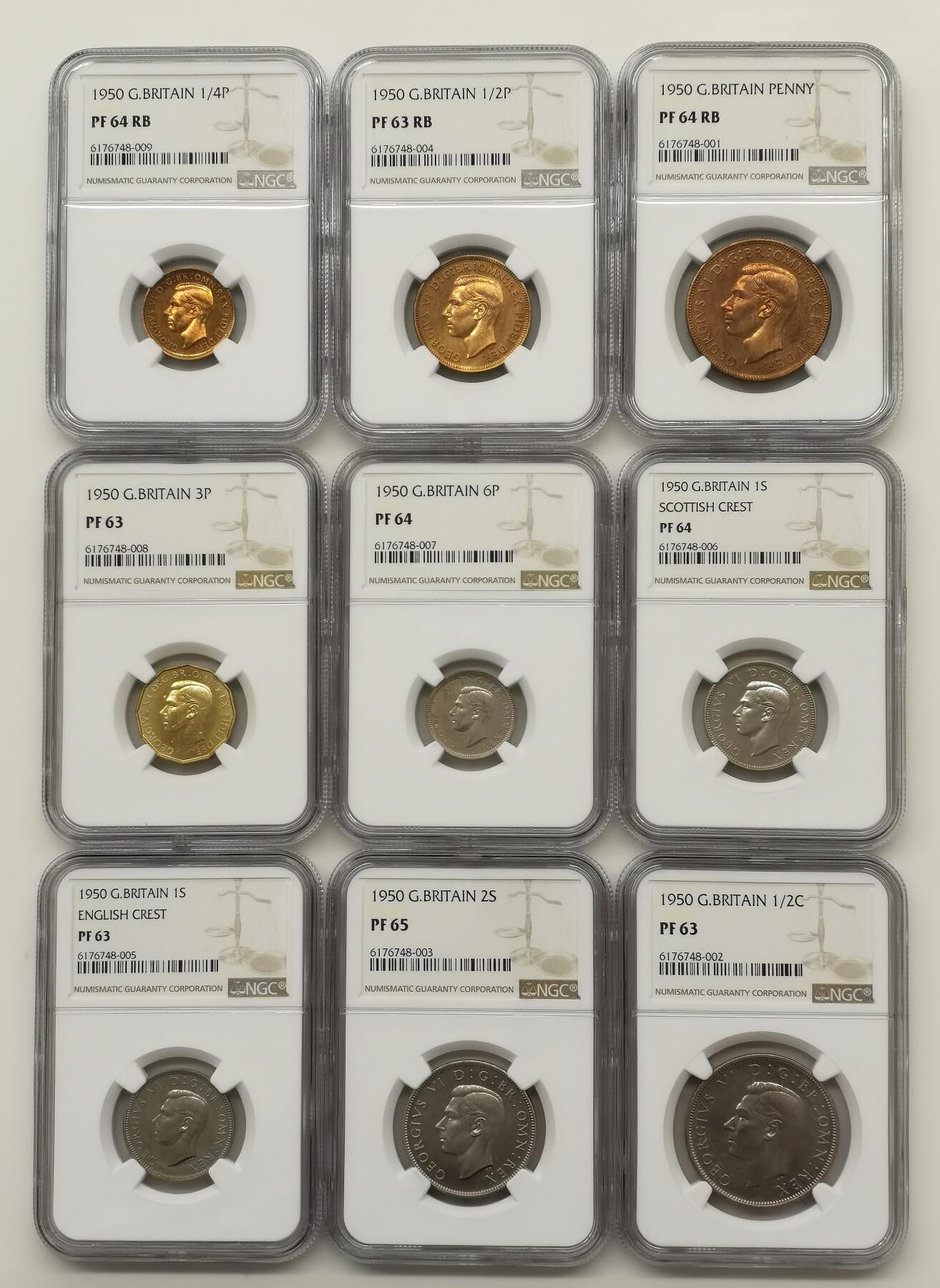 博洋堂世界钱币拍卖第102期（全场包邮） NGC PF63-65 英国1950年乔治六世9枚精制套币，裸币整套克书标价280美金