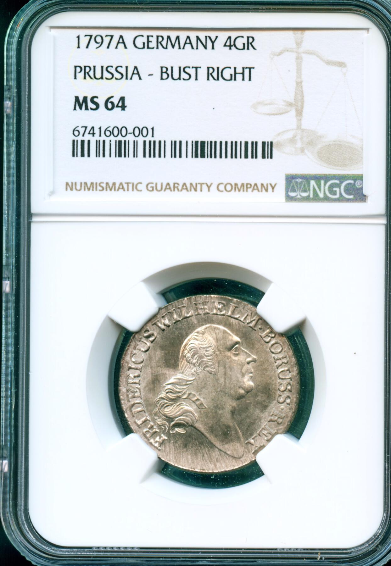 NGC评级MS64唯一冠军分德国1797年普鲁士银币4格罗申1/6泰勒原光宝石级别品相，非常难得