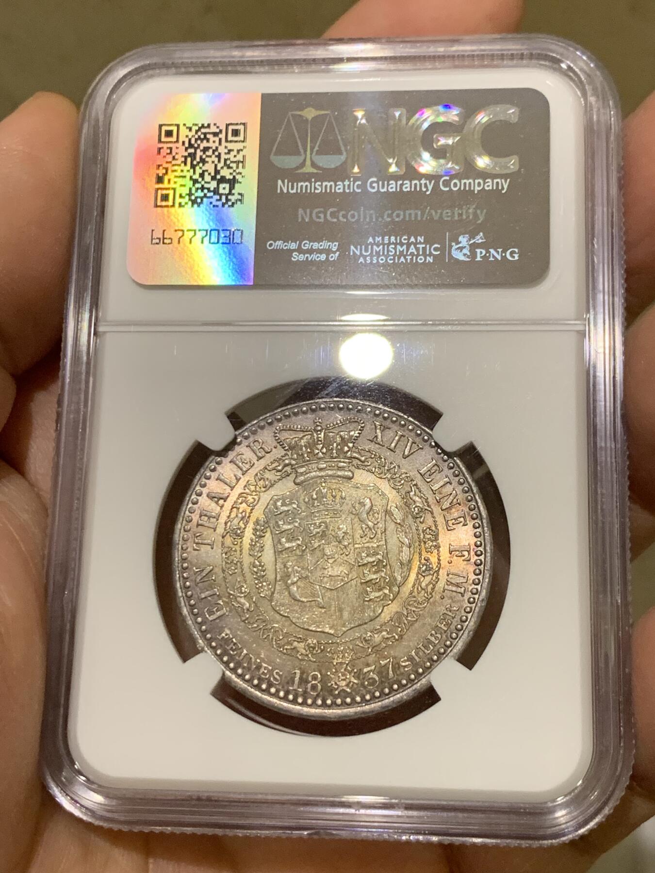 《竞宝斋》第334场 周日，周一 2场连拍 （全场包邮） 亚军分 NGC MS61 德国1837年汉诺威威廉四世头像1泰勒 只发行3年的品种 含银量0.993 国外也是少见品种