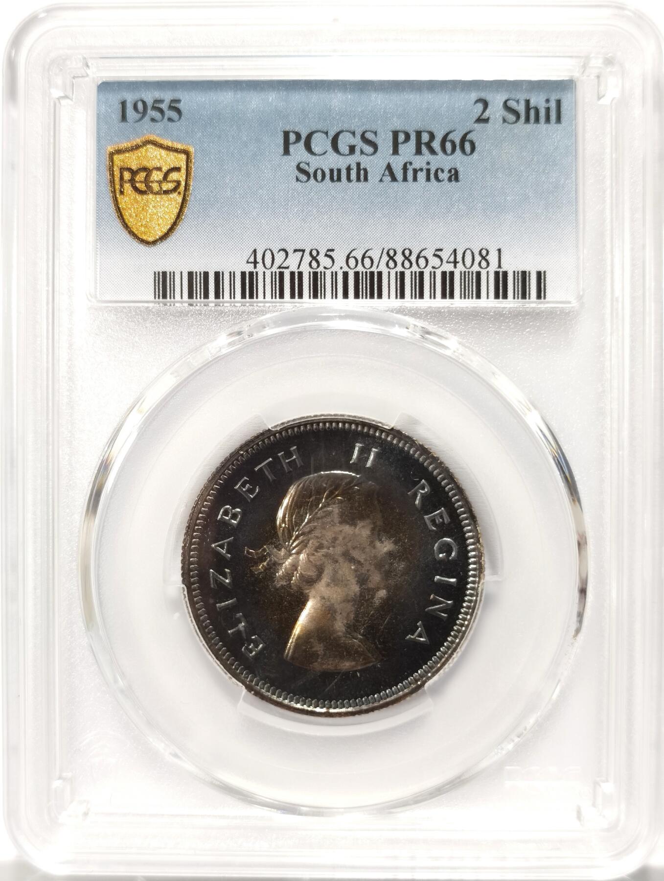 博洋堂世界钱币拍卖第102期（全场包邮） PCGS PR66 英属南非1955年伊丽莎白二世2先令银币 绒布黑彩 包浆极美 盾徽 高分