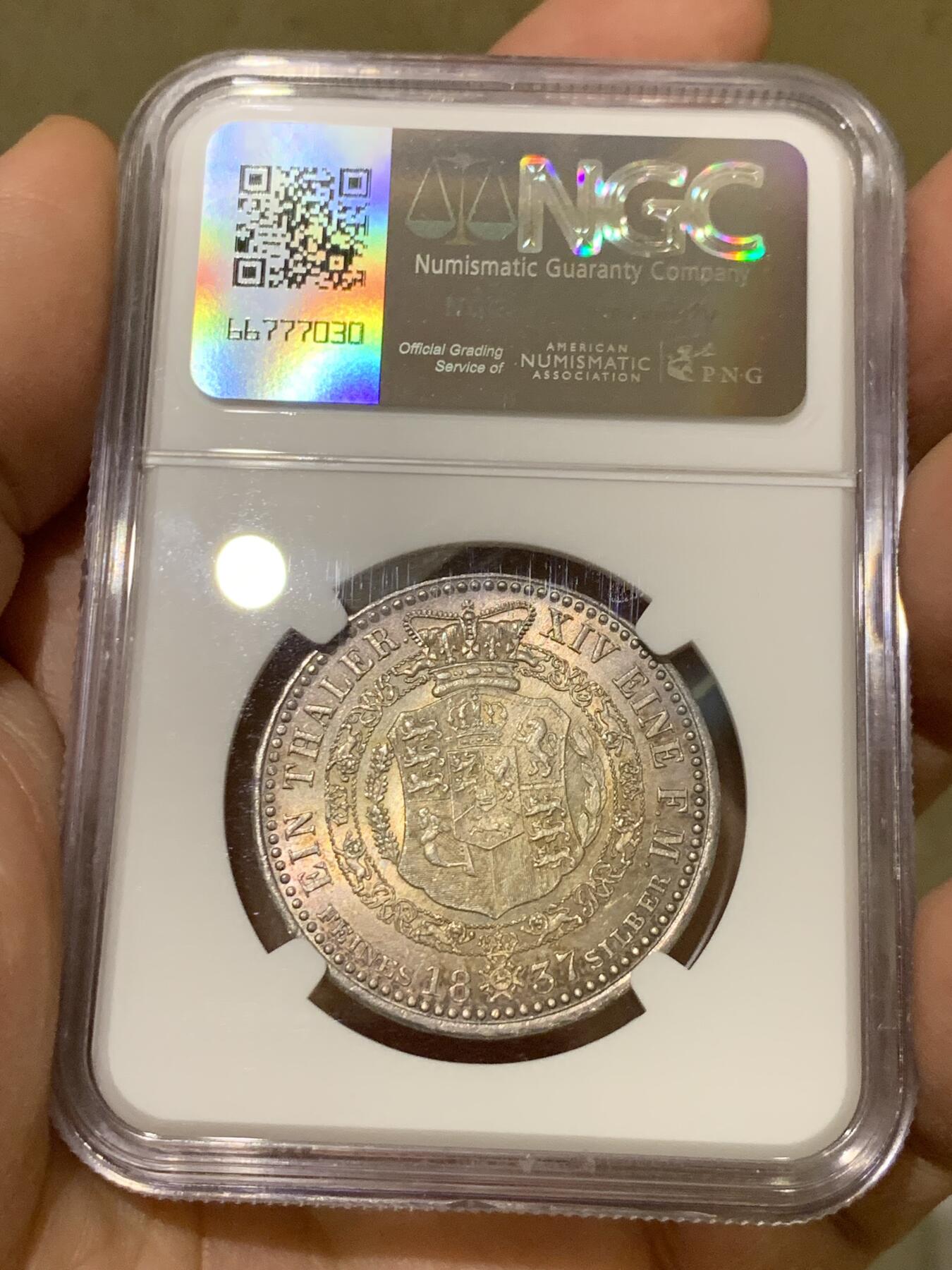 《竞宝斋》第334场 周日，周一 2场连拍 （全场包邮） 亚军分 NGC MS61 德国1837年汉诺威威廉四世头像1泰勒 只发行3年的品种 含银量0.993 国外也是少见品种