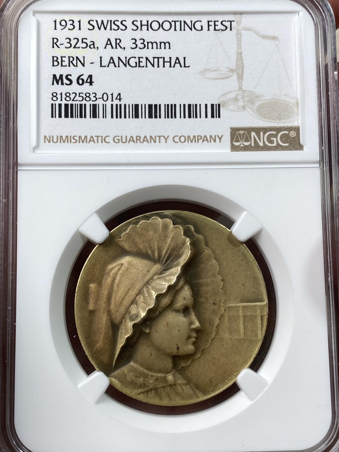 万国钱币拍卖第038期 NGC MS64 1931年瑞士伯尔尼-朗根塔尔射击节镀金银章 少见品种