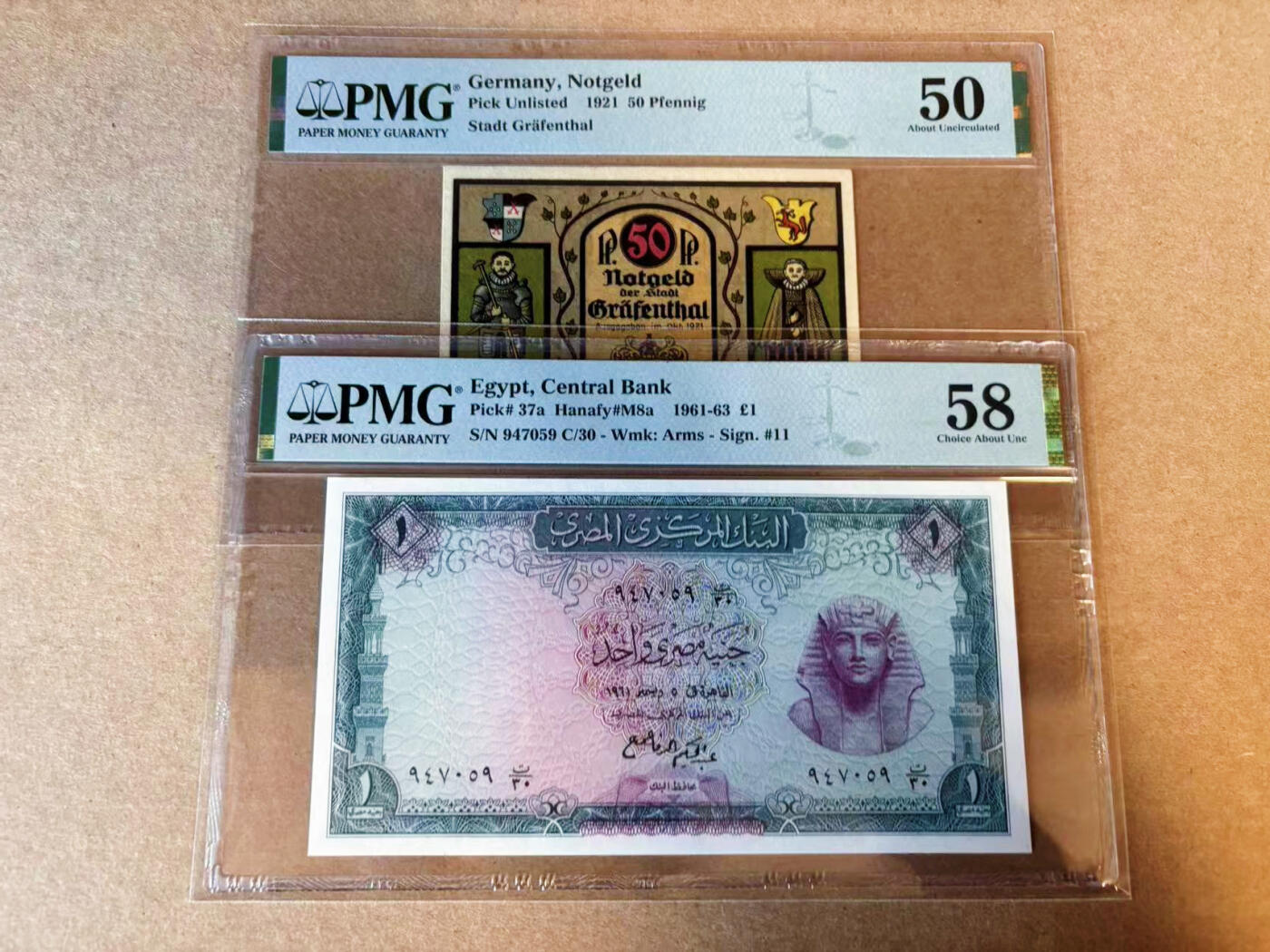 【Blue Auction】✨世界纸币精拍第590期【精】 【一组2张】德国 1921年50芬尼&埃及 1961-63年1镑 PMG58-50