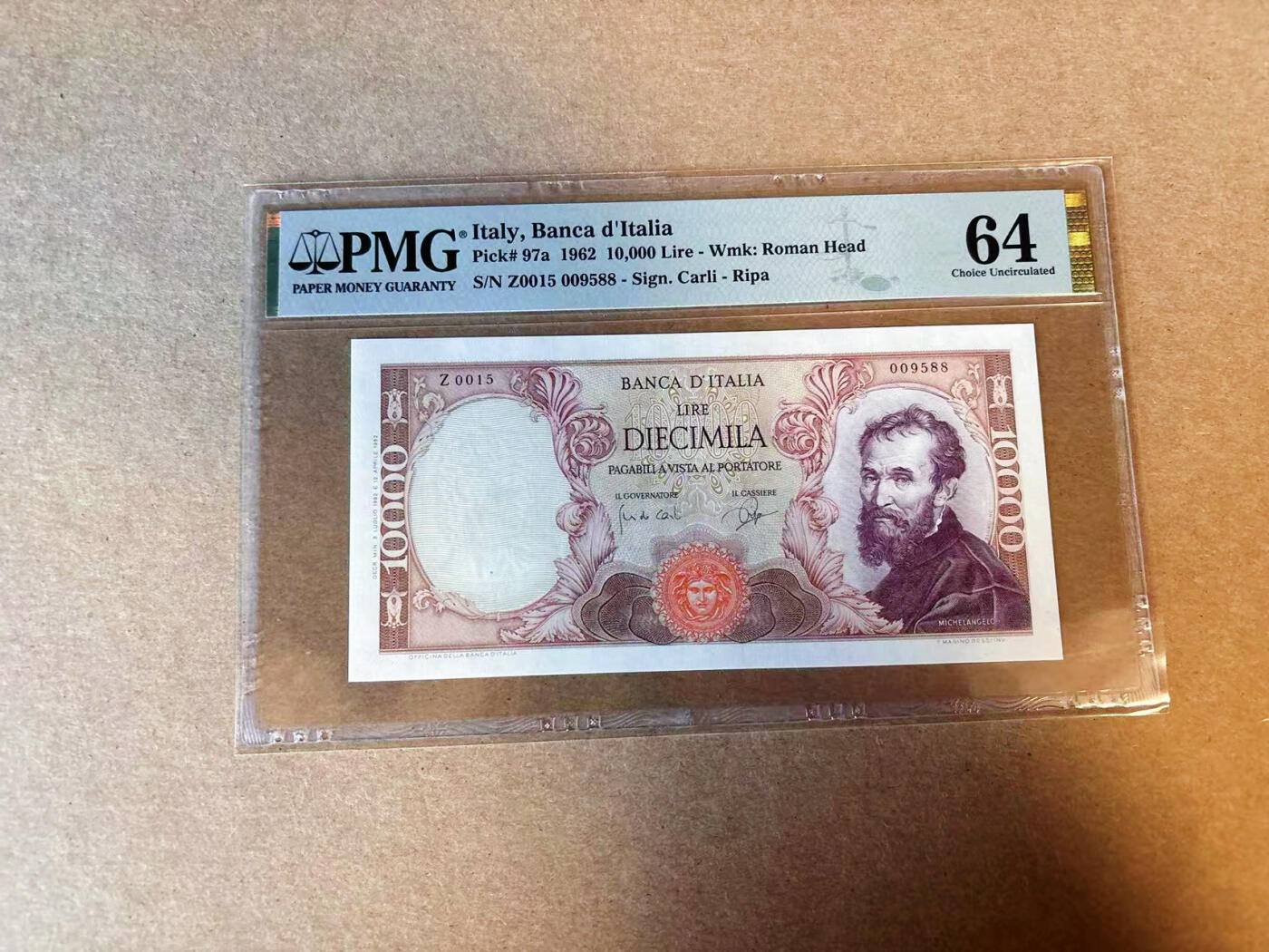 【Blue Auction】✨世界纸币精拍第590期【精】 【初版 88尾无47千位小号】意大利 1962年10000里拉 米开朗基罗 PMG64