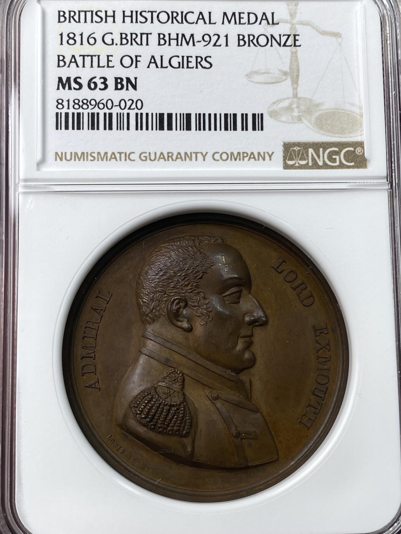 万国钱币拍卖第038期 NGC MS63 1816年英国海军上将埃克斯茅斯勋爵-阿尔及尔战役纪念大铜章 穆迪原盒系列