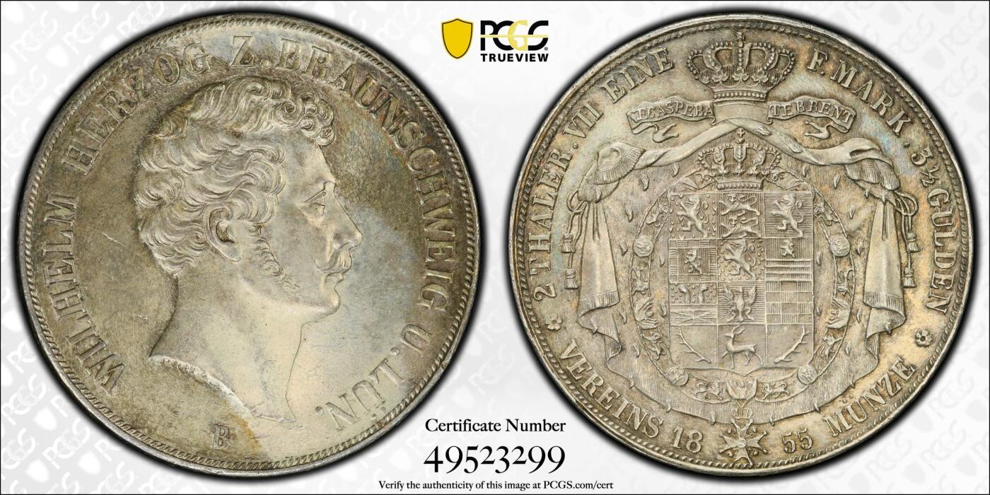 万国钱币拍卖第038期 PCGS MS63 1855年德国布伦瑞克-狼堡大窗帘流通2泰勒 清幽淡五彩 机铸痕清晰可见  全深打邮票光泽 流通2泰勒到63已是不易 顶级收藏品质