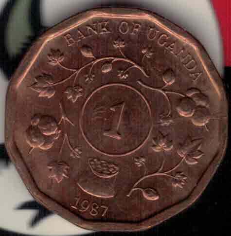 乌干达1987年1先令 钢芯镀铜 非洲 实物图 UNC-