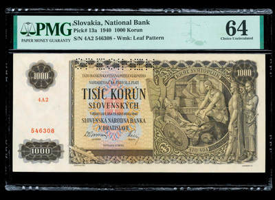 【Blue Auction】✨世界纸币精拍第590期【精】 【样钞】斯洛伐克 1940年1000克朗 折木教子 PMG64 大票幅 设计精美