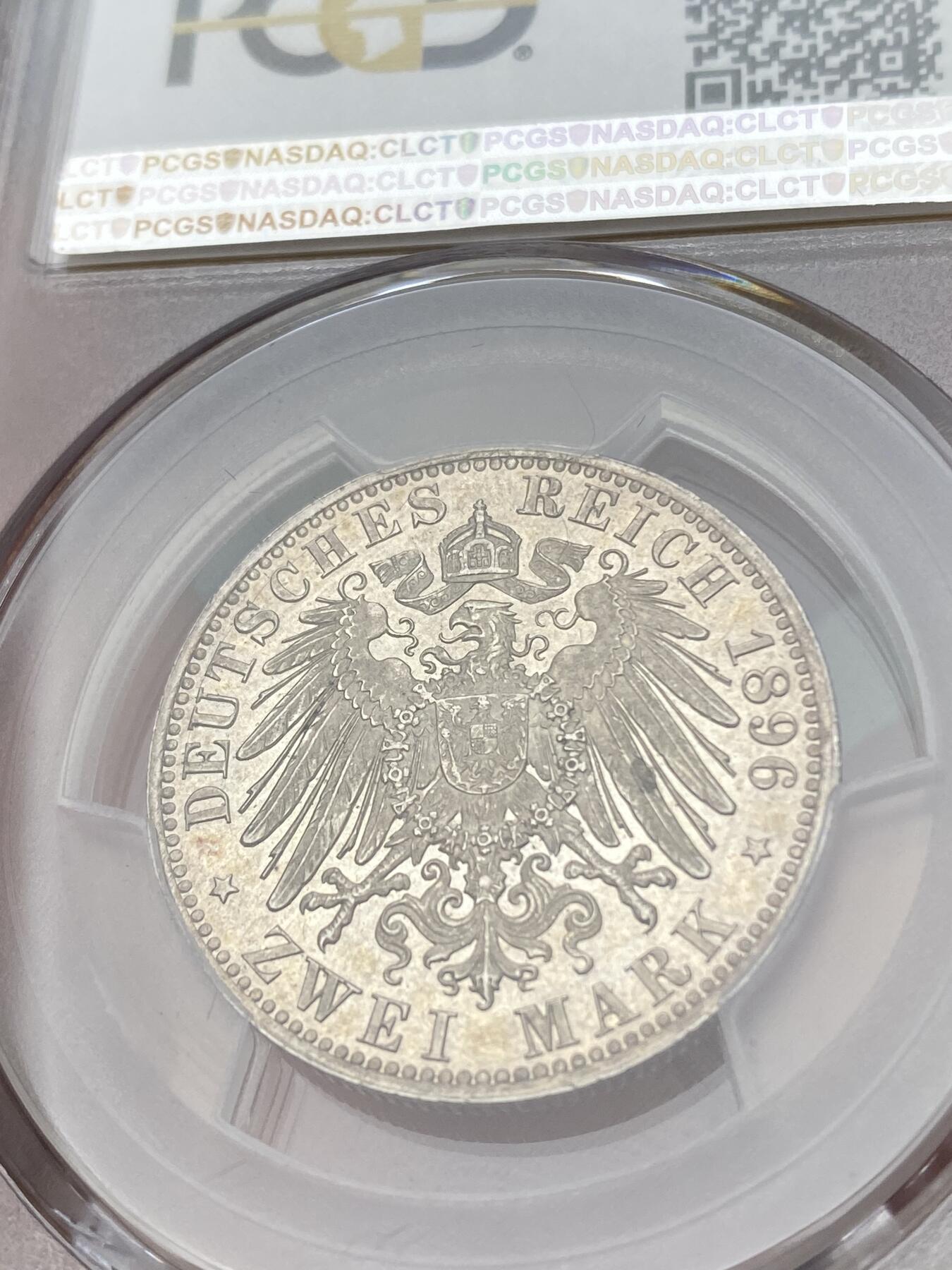 万国钱币拍卖第038期 PCGS MS65 1896年德国安哈尔特-德邵长翅2马克 2马克中的高难小邦品种，单年发行，顶级原味品相。