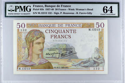 【Blue Auction】✨世界纸币精拍第590期【精】 【无47】法国 1937-40年50法郎 PMG64 墨丘利 