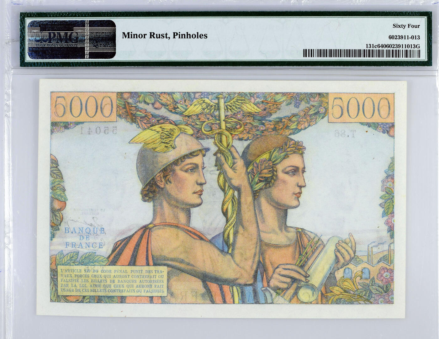 【Blue Auction】✨世界纸币精拍第590期【精】 【仅2张更高分】法国 1951-56年5000法郎 PMG64 墨丘利