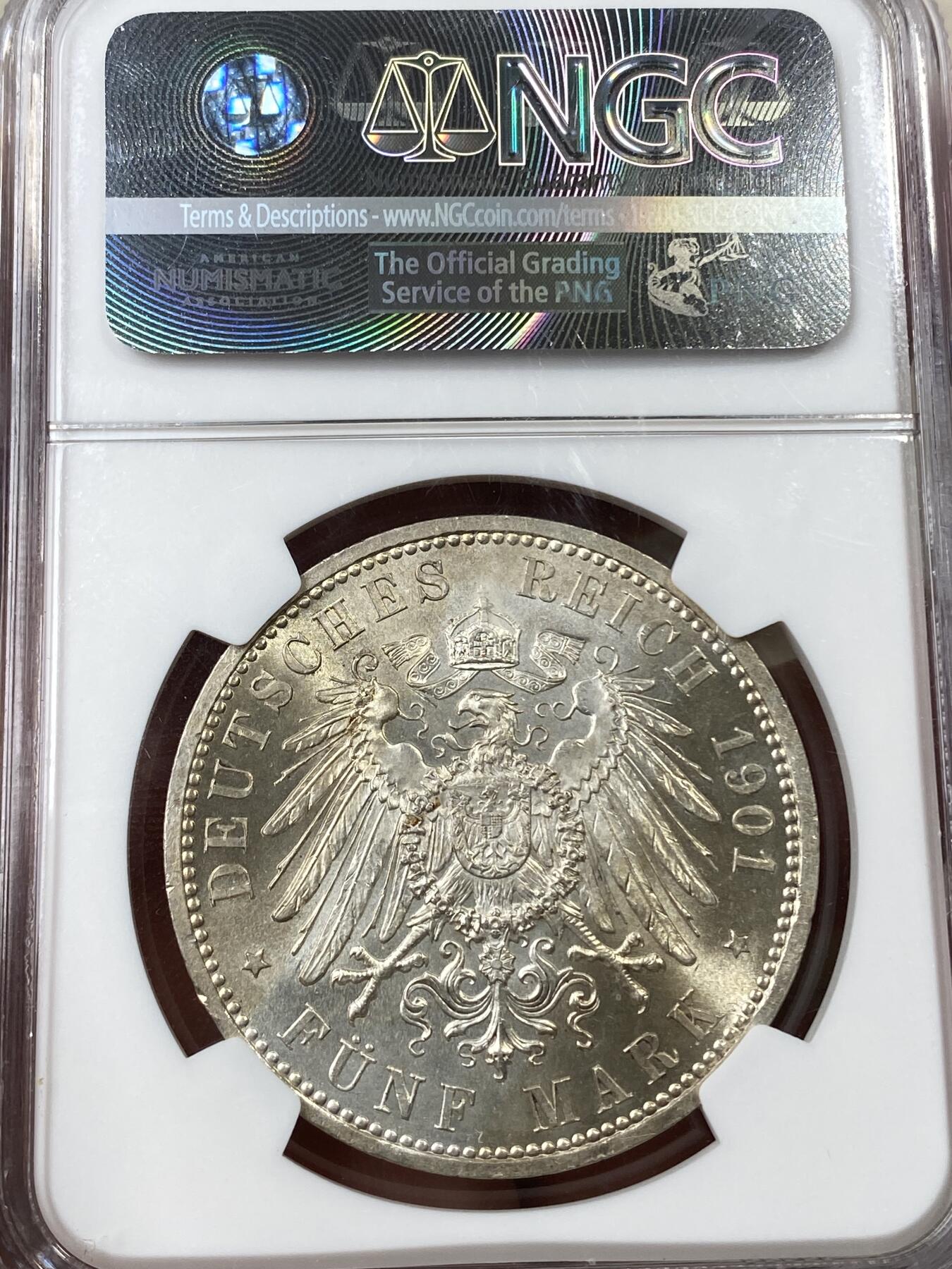 万国钱币拍卖第038期 NGC MS63 1901年德国普鲁士建国200周年纪念5马克 经典马克品种 暴力转光