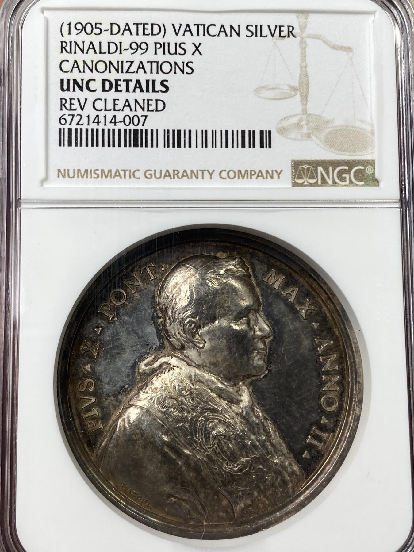 万国钱币拍卖第038期 NGC UNCD 1905年教皇国庇护十世圣徒亚历山大·索利和杰拉德·马耶拉的跪像纪念大银章 高浮雕