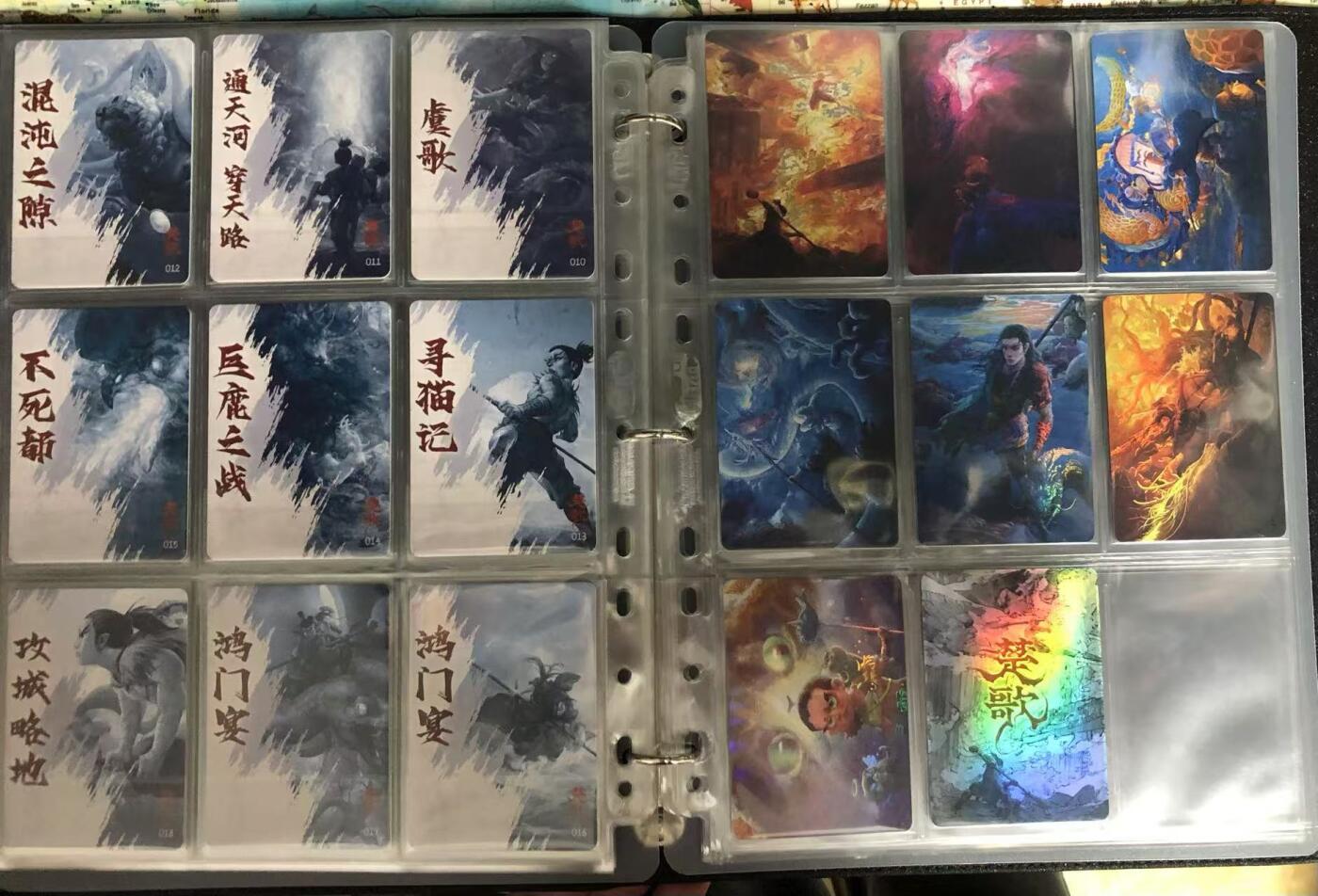 卡牌限时010专场 众筹徐子晖1-2弹彩闪大全套，齐天+唐武士+楚歌，共80张，含杨戬+编号特卡+镇墓兽+金龙奖获奖卡。这个是众筹卡里面工艺最好的一套彩闪，只在all in里出现，正常价格比粗闪高好几倍。真正大全套彩闪。送大卡册一本。