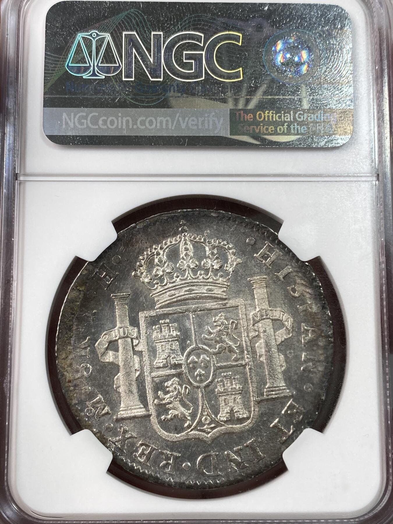 万国钱币拍卖第038期 NGC UNCD 1808MO TH西属墨西哥卡洛斯四世双柱8里亚尔 原味五彩 双柱面PL质感打制极佳
