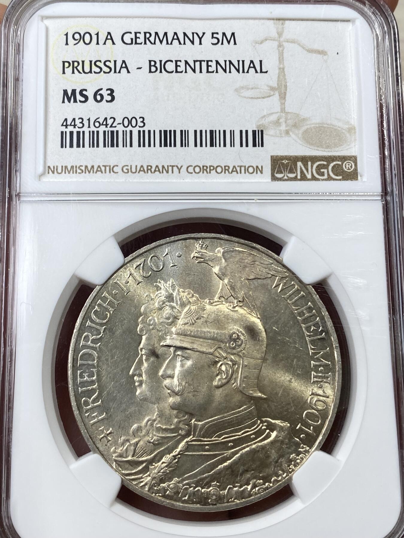 万国钱币拍卖第038期 NGC MS63 1901年德国普鲁士建国200周年纪念5马克 经典马克品种 暴力转光