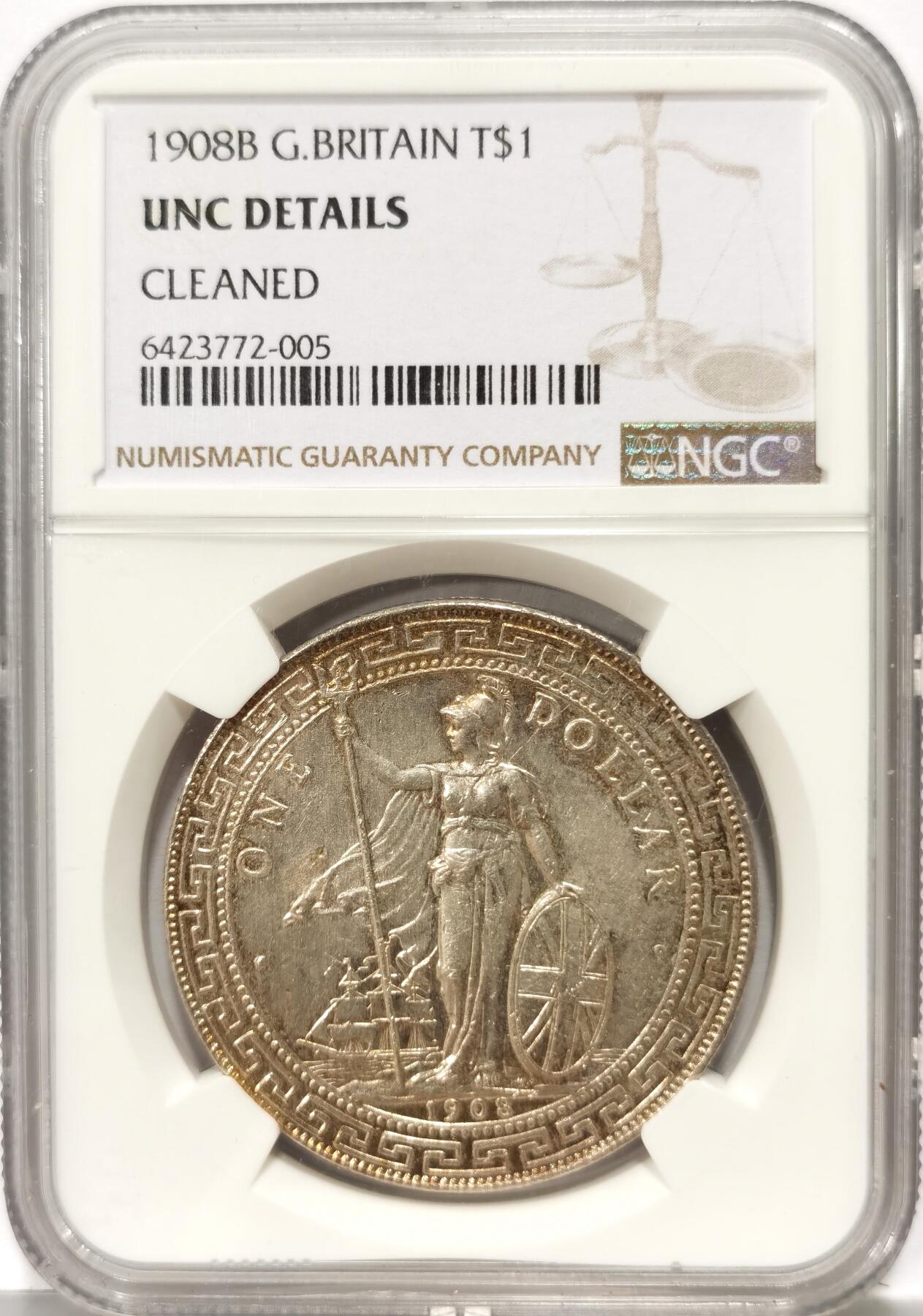 博洋堂世界钱币拍卖第102期（全场包邮） NGC UNCD 英国1908年B站洋，光度和打制都不错