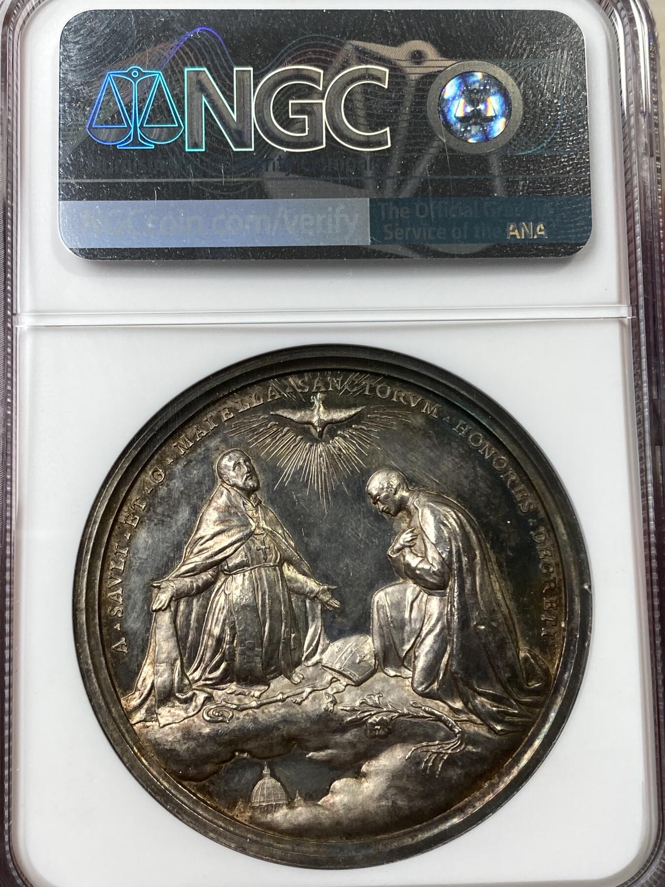 万国钱币拍卖第038期 NGC UNCD 1905年教皇国庇护十世圣徒亚历山大·索利和杰拉德·马耶拉的跪像纪念大银章 高浮雕