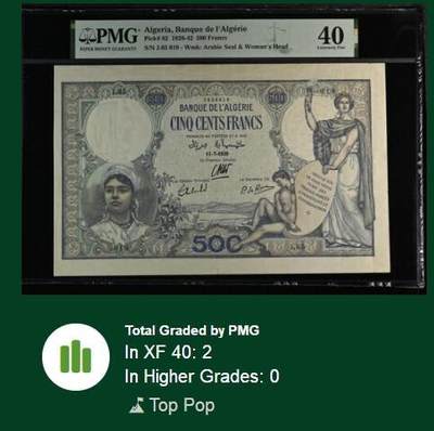 【Blue Auction】✨世界纸币精拍第590期【精】 【倒置号 冠军分 罕见品种】阿尔及利亚 早期 1926-42年500法郎 超大票幅 法属风画面丰富 设计精美 PMG40