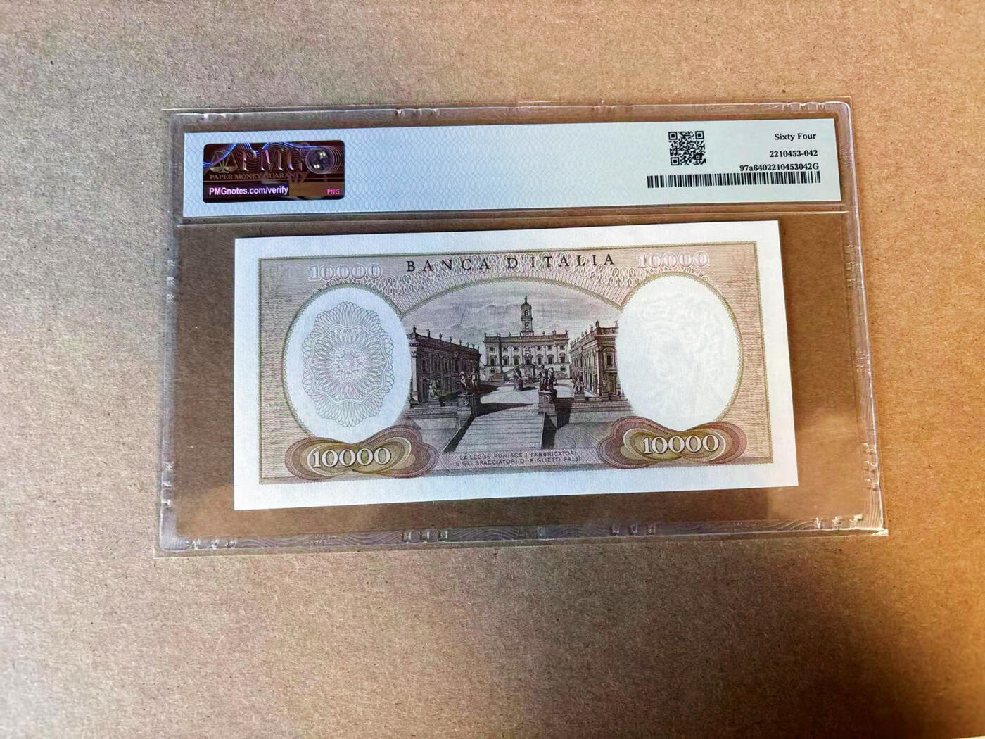 【Blue Auction】✨世界纸币精拍第590期【精】 【初版 88尾无47千位小号】意大利 1962年10000里拉 米开朗基罗 PMG64