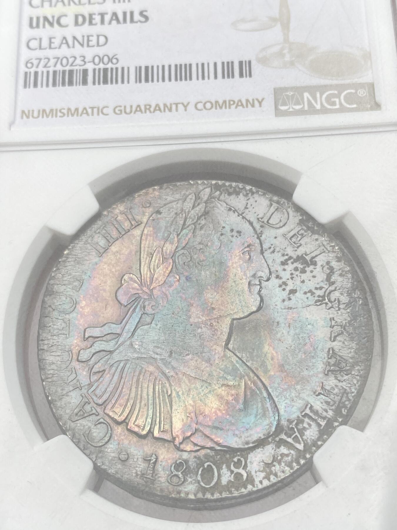 万国钱币拍卖第038期 NGC UNCD 1808MO TH西属墨西哥卡洛斯四世双柱8里亚尔 原味五彩 双柱面PL质感打制极佳