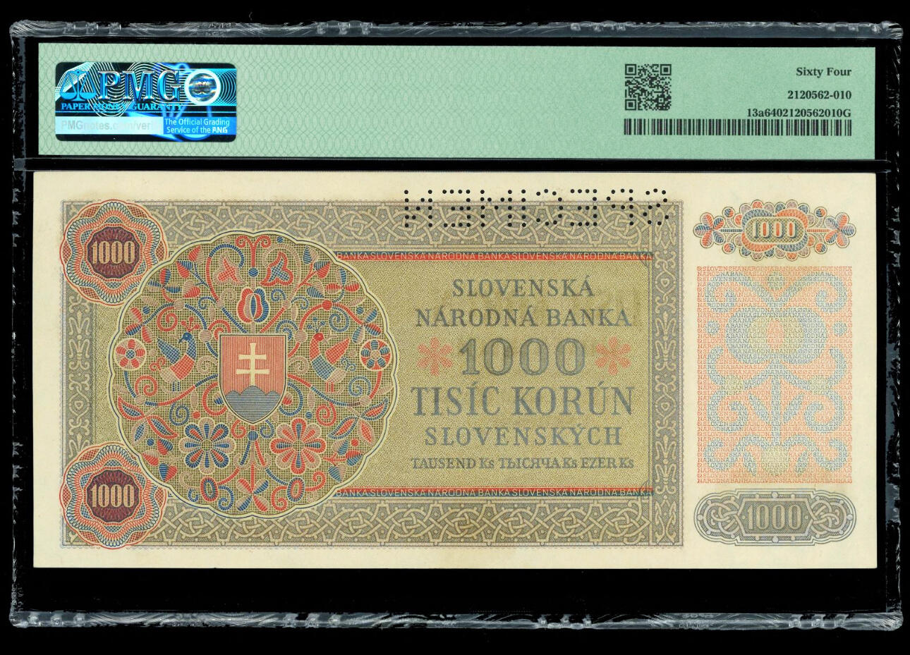 【Blue Auction】✨世界纸币精拍第590期【精】 【样钞】斯洛伐克 1940年1000克朗 折木教子 PMG64 大票幅 设计精美