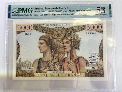 【Blue Auction】✨世界纸币精拍第590期【精】 法国 1951年5000法郎 PMG53