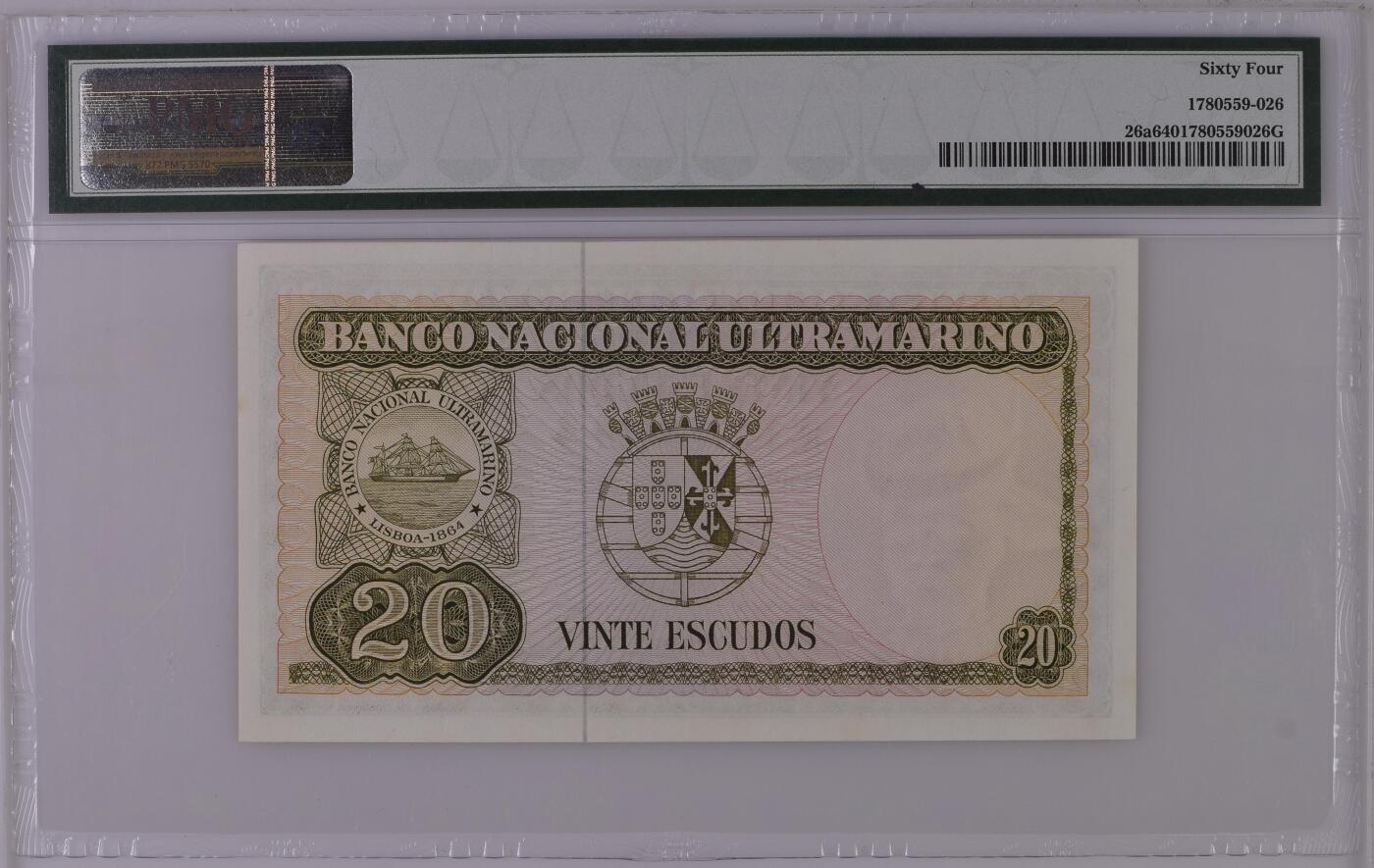 1967年东帝汶20厄斯科多纸币，PMG64分- 桂P钱币文化工作室- 桂P钱币文化工作室- 麦稀奇