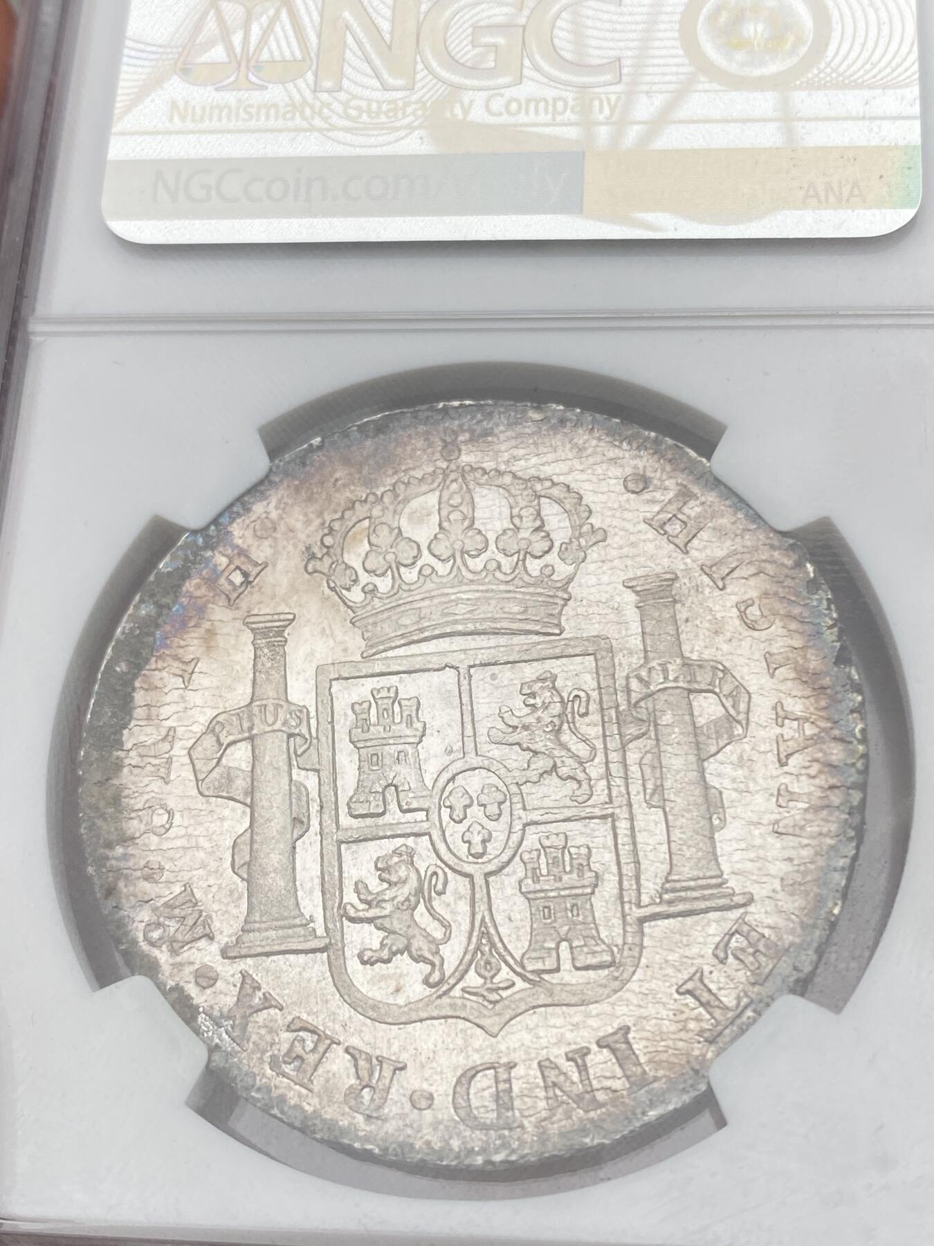 万国钱币拍卖第038期 NGC UNCD 1808MO TH西属墨西哥卡洛斯四世双柱8里亚尔 原味五彩 双柱面PL质感打制极佳