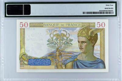 【Blue Auction】✨世界纸币精拍第590期【精】 【无47】法国 1937-40年50法郎 PMG64 墨丘利 