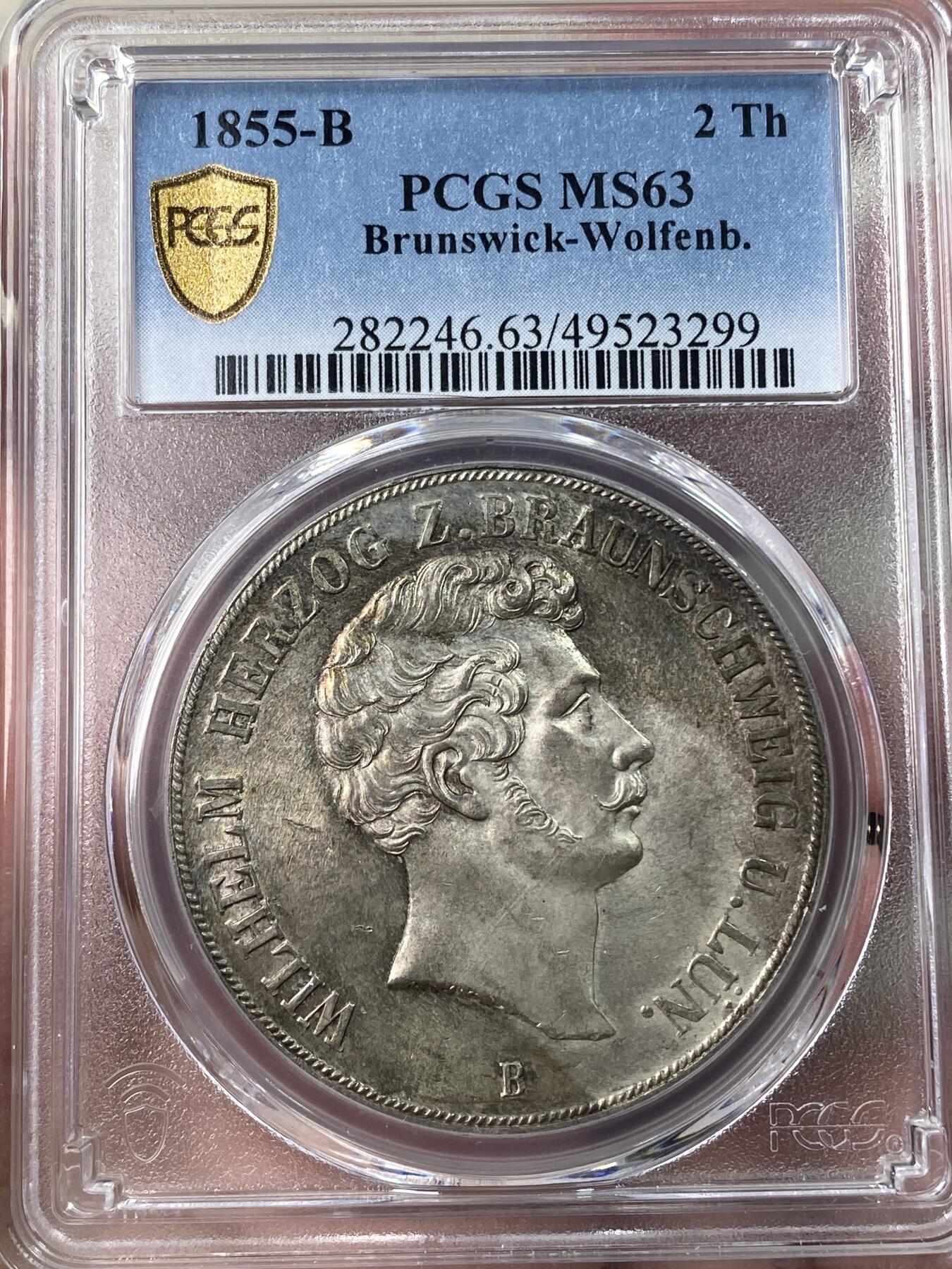 万国钱币拍卖第038期 PCGS MS63 1855年德国布伦瑞克-狼堡大窗帘流通2泰勒 清幽淡五彩 机铸痕清晰可见  全深打邮票光泽 流通2泰勒到63已是不易 顶级收藏品质