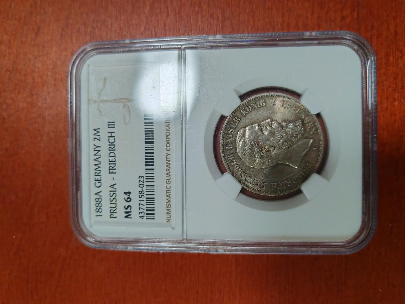 长老汇龙年精选第三十三场拍卖 1888德国普鲁士2马克银币，NGC MS64，高分可藏
