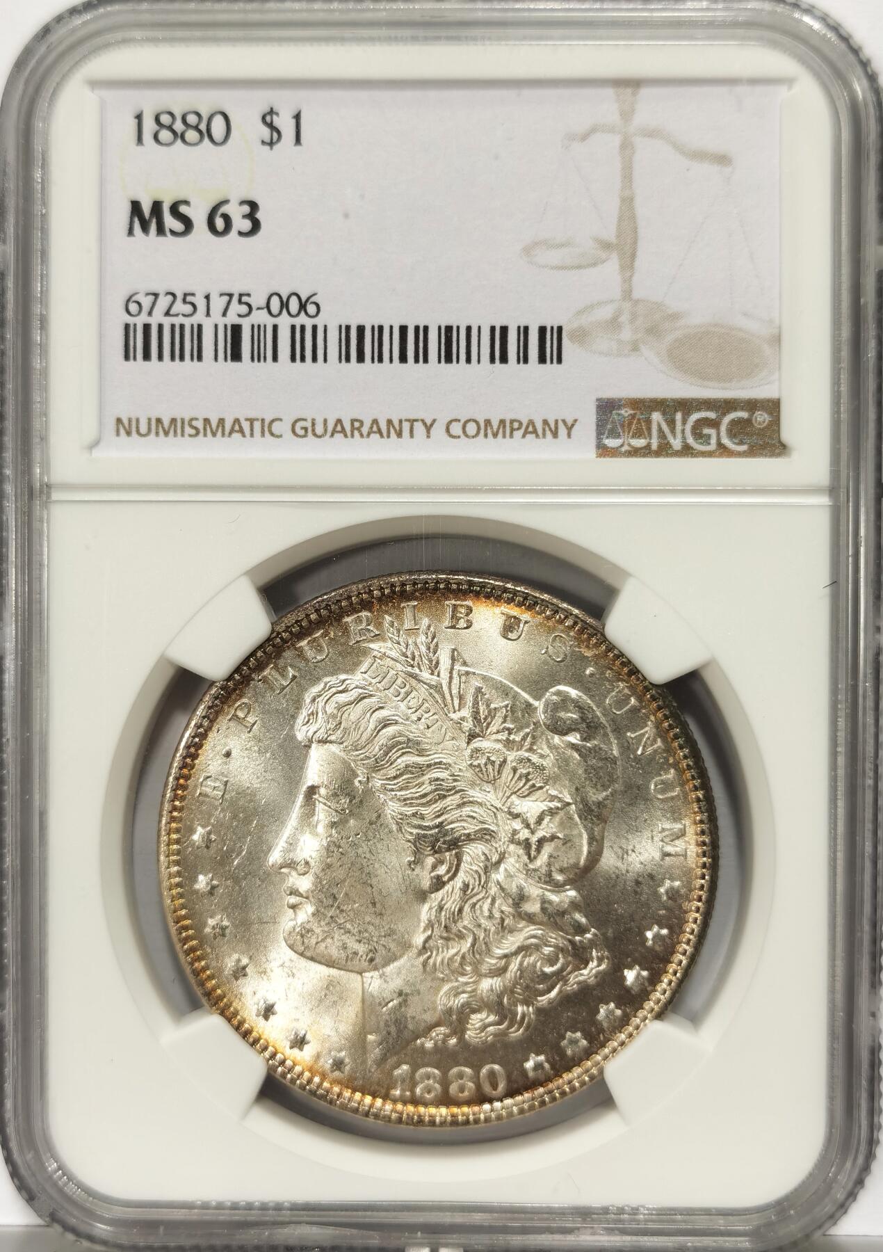 博洋堂世界钱币拍卖第102期（全场包邮） 1880年美国摩根银币P版NGC-MS63，原汁原味极美双面环彩包浆，包浆醇厚，状态极佳，状态和品质不输MS64分。