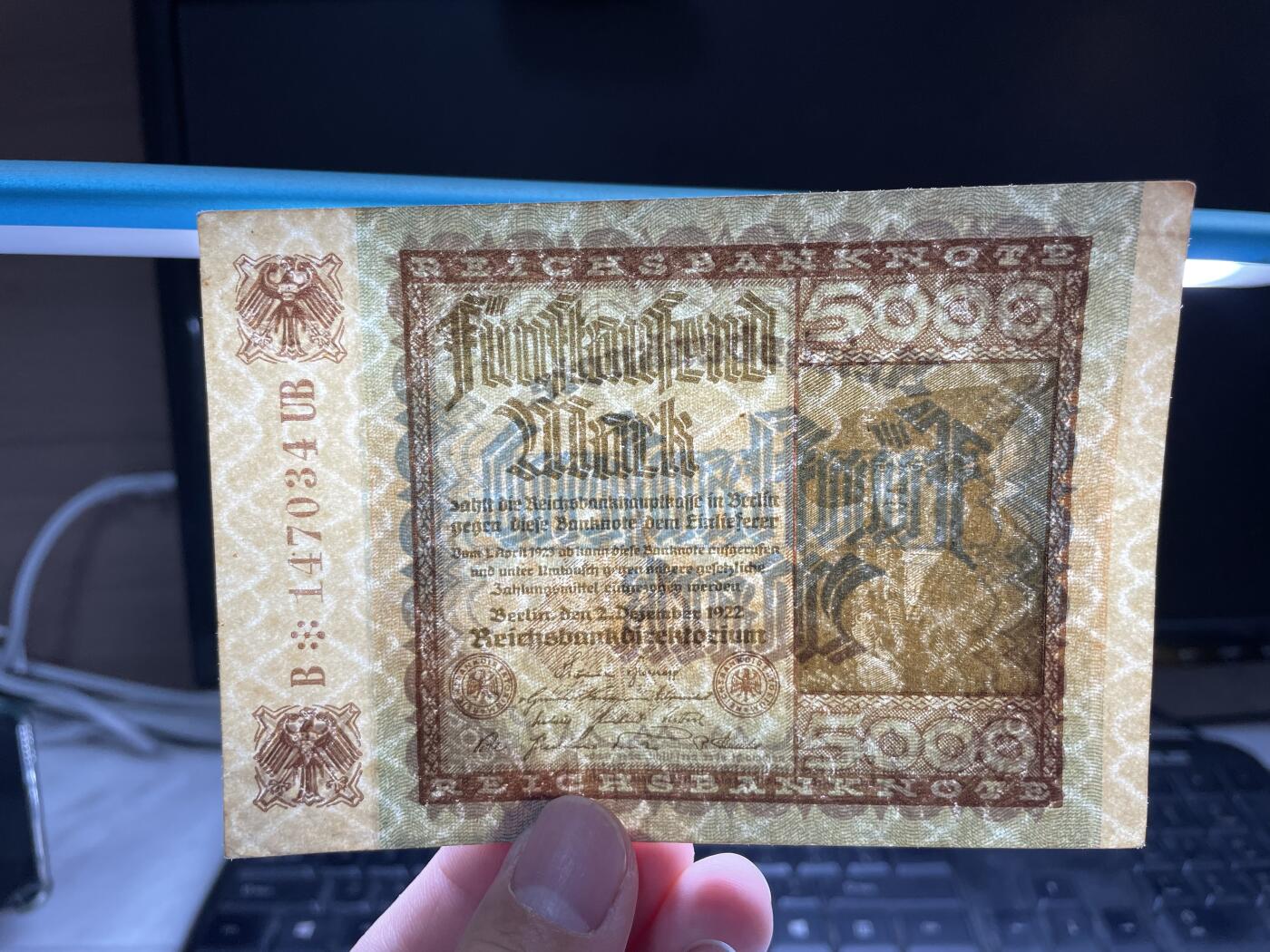 2024年集古藏今外币拍卖第十八期-第10场—（总第180拍-纸币专场），本期拍完结算一次，发货时间2-3天，休息几天后继续新的一期拍卖。 1922年德国5000马克