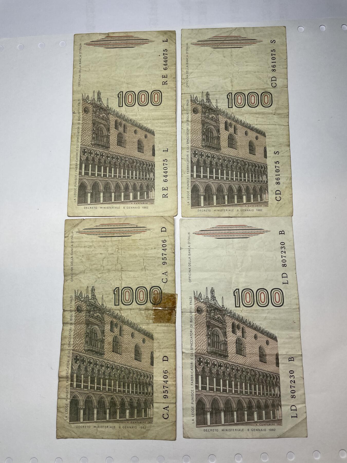 2024年集古藏今外币拍卖第十八期-第10场—（总第180拍-纸币专场），本期拍完结算一次，发货时间2-3天，休息几天后继续新的一期拍卖。 意大利1000里拉4张
